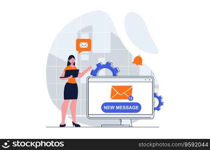 Email marketing web concept with character scene. Woman receiving notifications of new advertising mailing. People situation in flat design. Vector illustration for social media marketing material.
