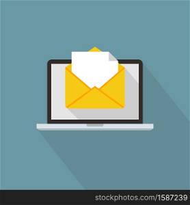 Email message on laptop. Envelope and document on computer screen. E-mail concept. Flat design sign for mobile and web concept. Vector illustration.. Email message on laptop. Envelope and document on computer screen. E-mail concept.