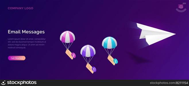 Email message service, isometric concept vector illustration. Flying paper plane and parachuting icon envelopes, unread message, ultraviolet web page for email marketing company, sending notifications. Email message service, isometric marketing concept