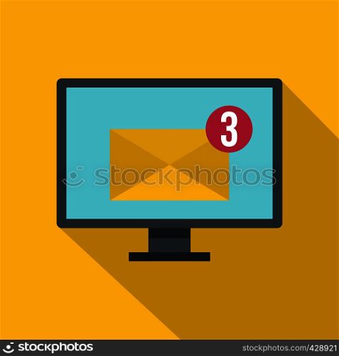 Email messages on computer monitor icon. Flat illustration of email messages on computer monitor vector icon for web isolated on yellow background. Email messages on computer monitor icon