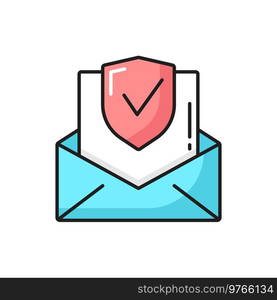 Email messaging security outline icon with letter envelope. Internet mailing safety and data secure, protection from spam and phishing thin line vector symbol or pictogram. Email safety and messaging security outline icon