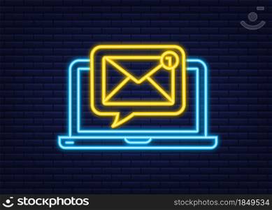 Email notification concept. Neon icon. New email. E-mail Marketing. Notification bell. Vector illustration. Email notification concept. Neon icon. New email. E-mail Marketing. Notification bell. Vector illustration.