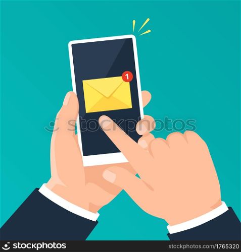 Email notification on phone. Hand holding smartphone with mail notification. New message alert on mobile screen, mail application vector concept. Unread letter or notice on cellphone. Email notification on phone. Hand holding smartphone with mail notification. New message alert on mobile screen, mail application vector concept
