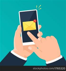 Email notification on phone. Hand holding smartphone with mail notification. New message alert on mobile screen, mail application vector concept. Unread letter or notice on cellphone. Email notification on phone. Hand holding smartphone with mail notification. New message alert on mobile screen, mail application vector concept