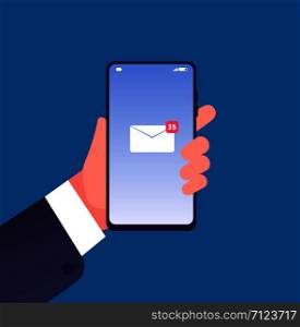 Email notification on smartphone. Hand with cell phone new mail message on screen, inbox sms. Online communication vector concept. Illustration of email and sms on screen notification. Email notification on smartphone. Hand with cell phone new mail message on screen, inbox sms. Online communication vector concept