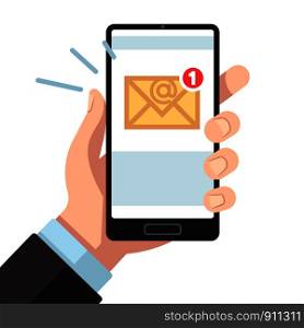Email notification on smartphone in hand. Inbox unread mail, new emails message. Sending letters receive mobile mailings vector phone reading texting sms or reminder concept. Email notification on smartphone in hand. Inbox unread mail, new emails message. Sending letters receive mobile mailings vector concept