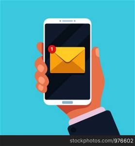 Email notification on smartphone in hand. New mail message in inbox icon, mailing letters or reading sms app application on mobile phone screen, communication flat vector illustration. Email notification on smartphone in hand. New mail message in inbox, mailing letters or reading sms on mobile phone vector illustration