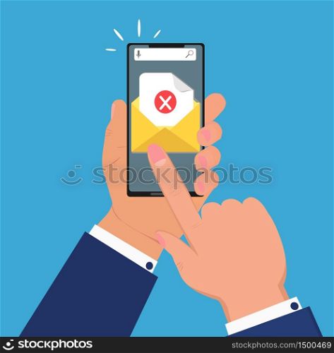 Email notification on smartphone, which hand holds. Sms icon or mail message reminder mailing on mobile phone or electronic newsletter. Concept vector of alert or deleted e-contact.. Email notification on smartphone, which hand holds. Sms icon or mail message reminder mailing on mobile phone