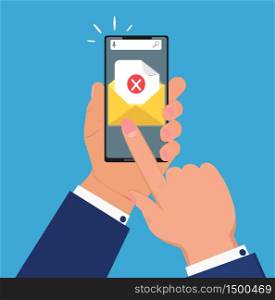 Email notification on smartphone, which hand holds. Sms icon or mail message reminder mailing on mobile phone or electronic newsletter. Concept vector of alert or deleted e-contact.. Email notification on smartphone, which hand holds. Sms icon or mail message reminder mailing on mobile phone