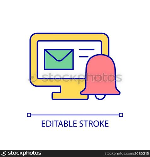 Email notification RGB color icon. Electronic mail. Inbox letter. Personal computer. Send, receive envelope. Isolated vector illustration. Simple filled line drawing. Editable stroke. Arial font used. Email notification RGB color icon