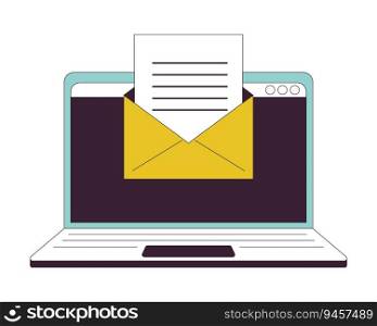 Email on laptop flat line color isolated vector object. Virtual communication. Editable clip art image on white background. Simple outline cartoon spot illustration for web design. Email on laptop flat line color isolated vector object