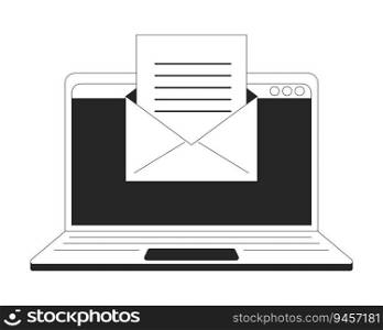 Email on laptop flat monochrome isolated vector object. Virtual communication. Editable black and white line art drawing. Simple outline spot illustration for web graphic design. Email on laptop flat monochrome isolated vector object