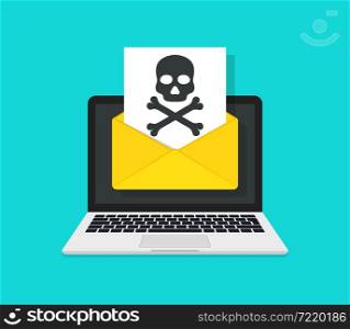 Email phishing. Virus and spam from hacker in laptop. Icon of ransomware in mail. Attack of fraud on email. Malware with scam on computer. Skull in envelope in flat style. Vector.. Email phishing. Virus and spam from hacker in laptop. Icon of ransomware in mail. Attack of fraud on email. Malware with scam on computer. Skull in envelope in flat style. Vector