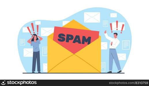 Email spam, huge envelope and tiny man and woman unhappy with noisy message. Tired man and woman, bad news traffic. Social media messenger. Cartoon flat style isolated illustration. Vector concept. Email spam, huge envelope and tiny man and woman unhappy with noisy message. Tired man and woman, bad news traffic. Social media messenger. Cartoon flat style isolated vector concept