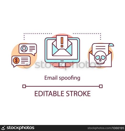 Email spoofing concept icon. Scam idea thin line illustration. Phishing attack. Spam messages. Online fraud. Internet hacking. Stealing personal info. Vector isolated outline drawing. Editable stroke
