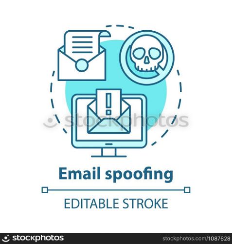 Email spoofing concept icon. Spam and virus protection. Phishing via internet. Hacking victim account. Cybercrime, fraud idea thin line illustration. Vector isolated outline drawing. Editable stroke