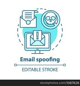 Email spoofing concept icon. Spam and virus protection. Phishing via internet. Hacking victim account. Cybercrime, fraud idea thin line illustration. Vector isolated outline drawing. Editable stroke
