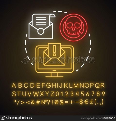 Email spoofing neon light concept icon. Spam and virus protection. Phishing via internet. Cybercrime and fraud idea. Glowing sign with alphabet, numbers and symbols. Vector isolated illustration