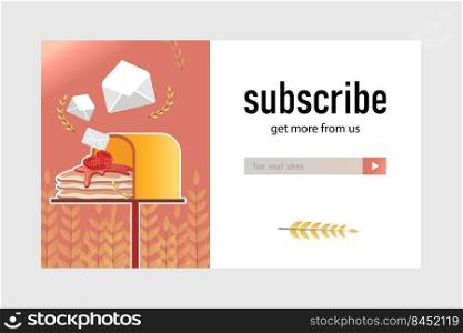 Email subscription design for bakery shop. Online newsletter template with delicious pancakes in mailbox. Pastry and confectionery concept. Design for website illustration
