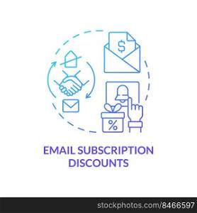 Email subscription discounts blue gradient concept icon. Gaining leads through emails. Bonuses type abstract idea thin line illustration. Isolated outline drawing. Myriad Pro-Bold font used. Email subscription discounts blue gradient concept icon