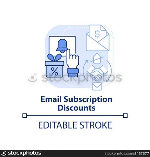 Email subscription discounts light blue concept icon. Gathering leads. Bonuses type abstract idea thin line illustration. Isolated outline drawing. Editable stroke. Arial, Myriad Pro-Bold fonts used. Email subscription discounts light blue concept icon