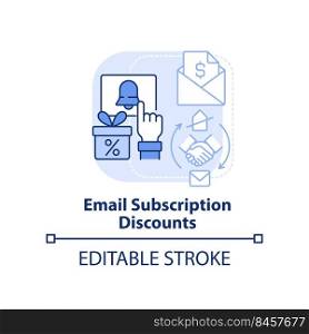 Email subscription discounts light blue concept icon. Gathering leads. Bonuses type abstract idea thin line illustration. Isolated outline drawing. Editable stroke. Arial, Myriad Pro-Bold fonts used. Email subscription discounts light blue concept icon