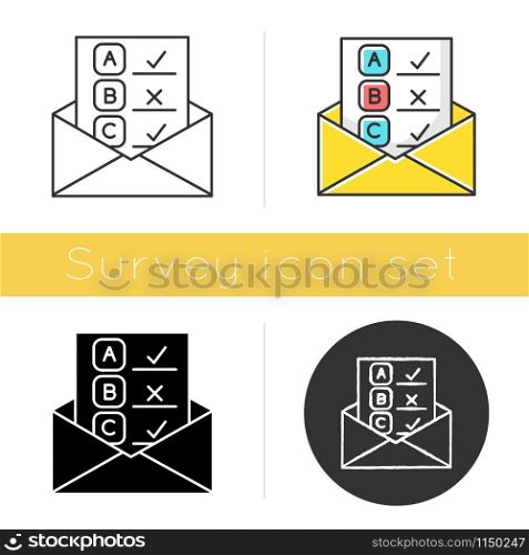 Email survey icon. Public opinion. Research. Consumer review. Customer satisfaction. Feedback. Evaluation. Data collection. Glyph design, linear, chalk and color styles. Isolated vector illustrations