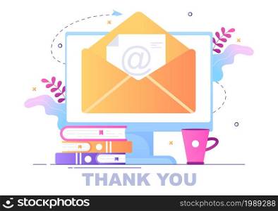 Email Thank You Banner flat illustration with Envelope Greeting Card and Text Thanks Vector Background