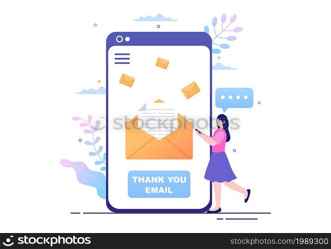 Email Thank You Banner flat illustration with Envelope Greeting Card and Text Thanks Vector Background