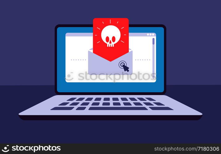Email virus. Envelope with malware message with skull on laptop screen. E-mail spam, phishing scam and hacker attack vector concept. Spam threat on laptop, virus online malware illustration. Email virus. Envelope with malware message with skull on laptop screen. E-mail spam, phishing scam and hacker attack vector concept