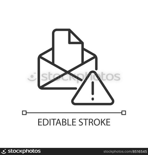 Email warning pixel perfect linear icon. Send and receive digital letter. Online interaction failure. Thin line illustration. Contour symbol. Vector outline drawing. Editable stroke. Arial font used. Email warning pixel perfect linear icon