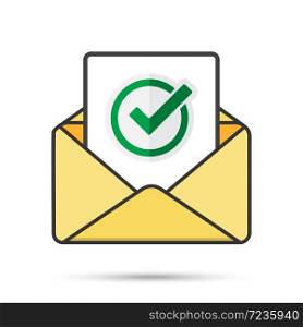 Email with document and round green check mark icon. successful verification concepts. Vector email icon