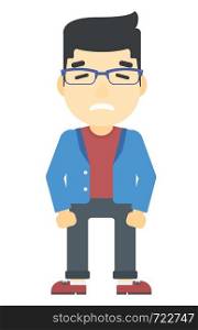 Embarrassed asian man with the beard vector flat design illustration isolated on white background. Vertical layout.. Embarrassed hipster man.