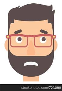 Embarrassed hipster man with the beard vector flat design illustration isolated on white background. Vertical layout.. Embarrassed hipster man.