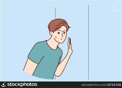 Embarrassed man leaned against door wanting to eavesdrop on someone else secret or hear conversations of people behind wall. Thoughtful guy in t-shirt spying on neighbors. Flat vector image . Embarrassed man leaned against door, wanting to eavesdrop on someone else secret. Vector image