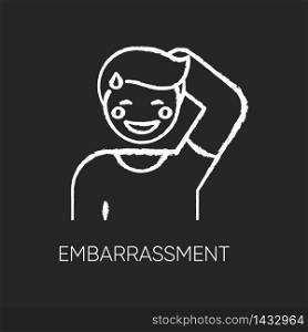 Embarrassment chalk white icon on black background. Man acting shy. Feeling of humiliation. Self conscious behaviour. Nervous from modesty. Moral emotion. Isolated vector chalkboard illustration. Embarrassment chalk white icon on black background