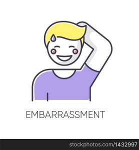 Embarrassment RGB color icon. Man acting shy. Feeling of humiliation. Self conscious behaviour. Nervous from modesty. Person blush and sweat. Moral emotion. Isolated vector illustration. Embarrassment RGB color icon