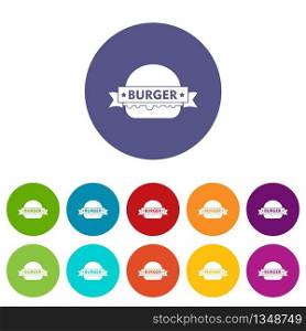 Emblem burger icons color set vector for any web design on white background. Emblem burger icons set vector color