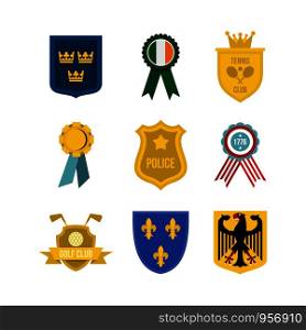 Emblem icon set. Flat set of emblem vector icons for web design isolated on white background. Emblem icon set, flat style
