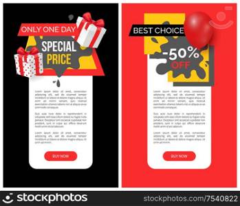 Emblem info about sales, super discounts advertising labels. Special price promo tag with presents, black spots and gift boxes vector web site templates. Emblems Info About Sales, Super Discounts Adverts