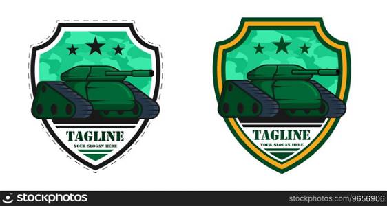 Emblem of a tank forces officer soldier. Combat army track tank with green coloring and long barrel against background of shield shaped chevron. Cartoon vector isolated on white background
