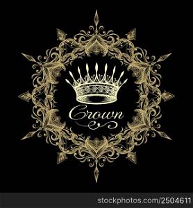 Emblem of crown in frame isolated on black background. Vector illustration.