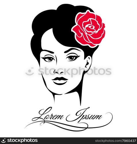 Emblem of elegant woman with rose flower in her hair. Isolated on white background. Free font used.