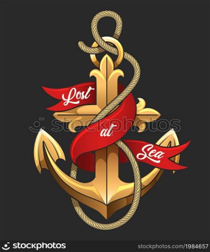 Emblem of golden Anchor and red banner with wording Lost at Sea isolated on black. Vector illustration.