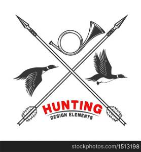 Emblem template of duck hunting club emblem with wild ducks, arrows, hunting horn. Design element for logo, label, sign, poster, t shirt. Vector illustration