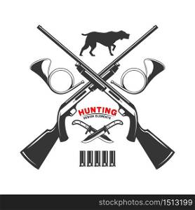 Emblem template of duck hunting club emblem with wild ducks, guns, hunting dog. Design element for logo, label, sign, poster, t shirt. Vector illustration