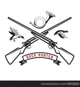 Emblem template of duck hunting club emblem with wild ducks, guns, hunting horn. Design element for logo, label, sign, poster, t shirt. Vector illustration