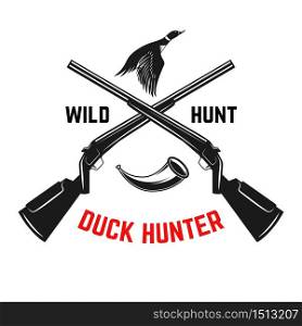 Emblem template of duck hunting club emblem with wild ducks, guns, hunting horn. Design element for logo, label, sign, poster, t shirt. Vector illustration