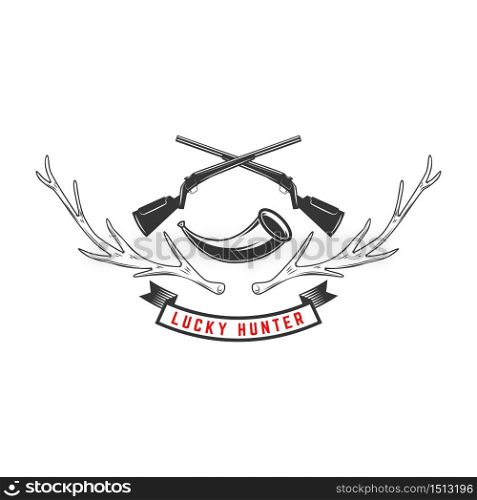 Emblem template of hunting club emblem with deer horns, guns, hunting horn. Design element for logo, label, sign, poster, t shirt. Vector illustration