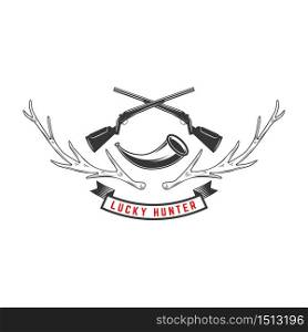 Emblem template of hunting club emblem with deer horns, guns, hunting horn. Design element for logo, label, sign, poster, t shirt. Vector illustration